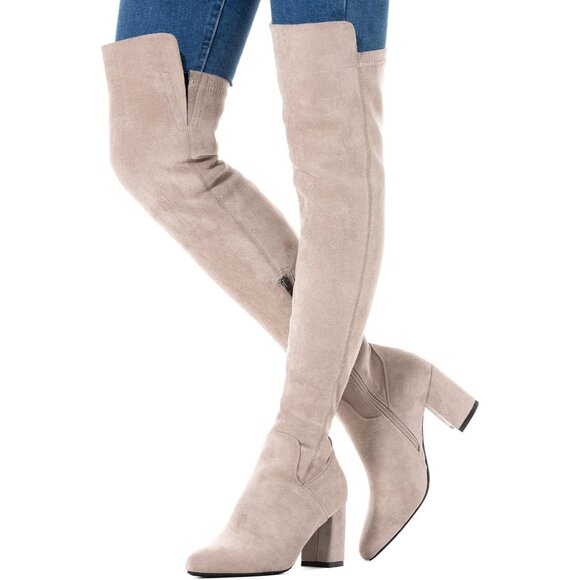 Women Cream/3 Inch Heel Faux Suede Over The Knee Thigh High Low Block Heel Boot - Picture 2 of 6